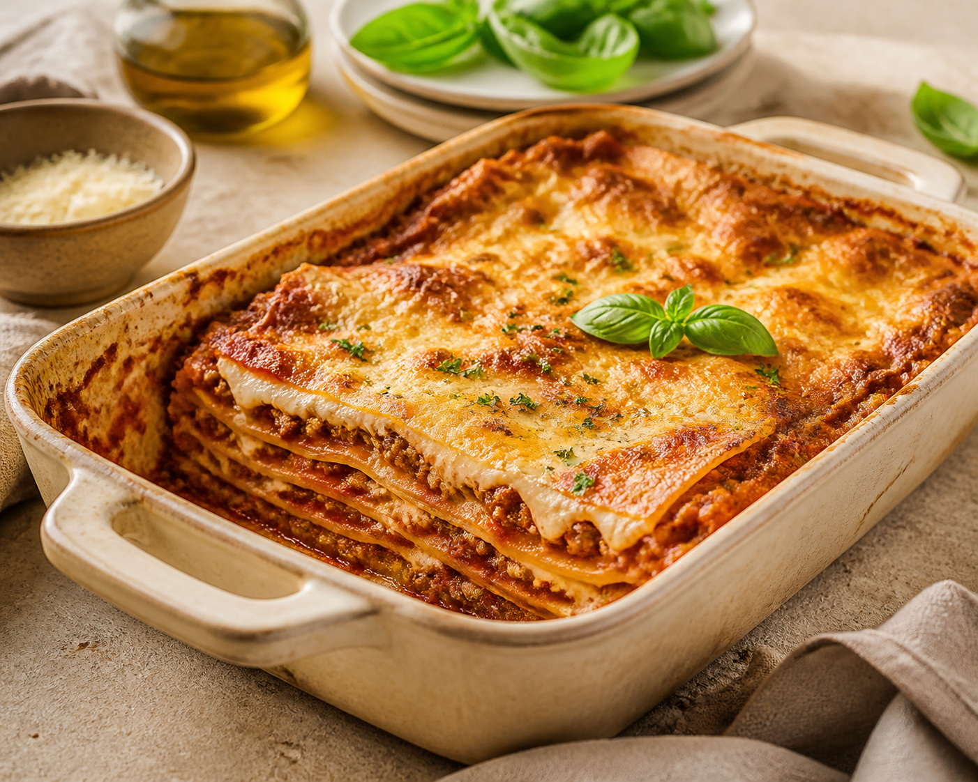 Frisch gebackene Lasagne alla Bolognese in einer Keramikform
