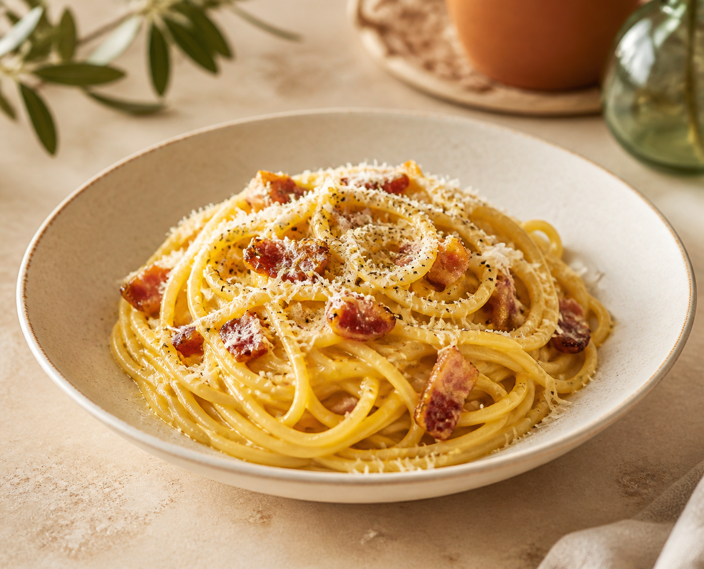 Spaghetti alla Carbonara mit Guanciale, Käse und schwarzem Pfeffer